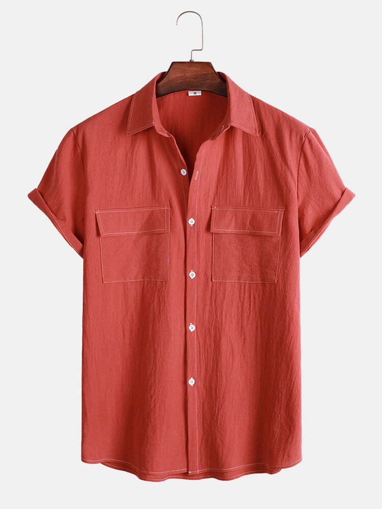 Men Cotton Solid Chest Flat Pocket Front Button Hem Cuff Leisure Shirts