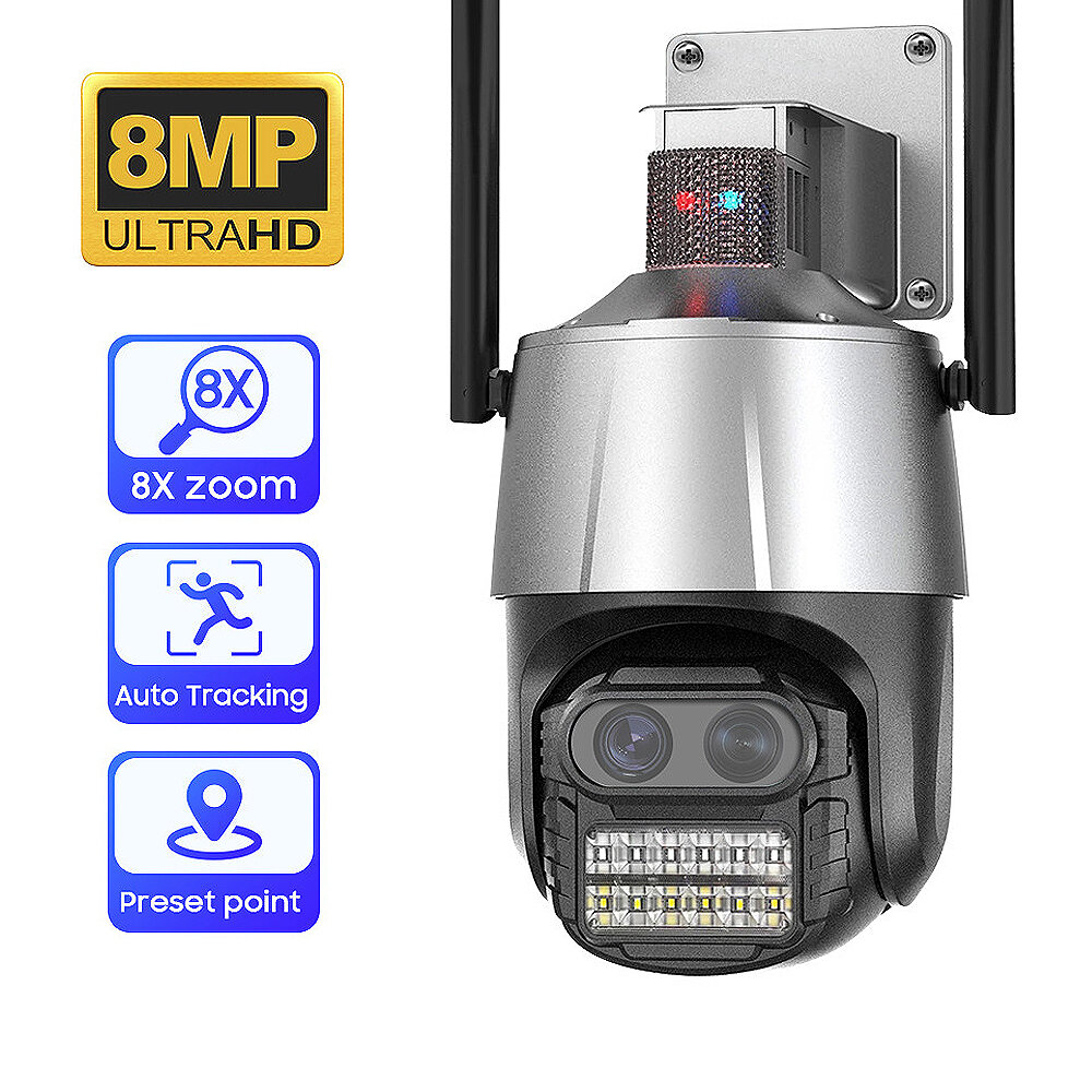 4MP+4MP Dual-lens 8MP IP-beveiligingscamera Draadloze verrekijker 8X Zoomcamera Automatische tracking Menselijke detectie Colorful IR Nachtzicht Tweerichtingsaudio APP Bewaking op afstand Beveiligingscamera