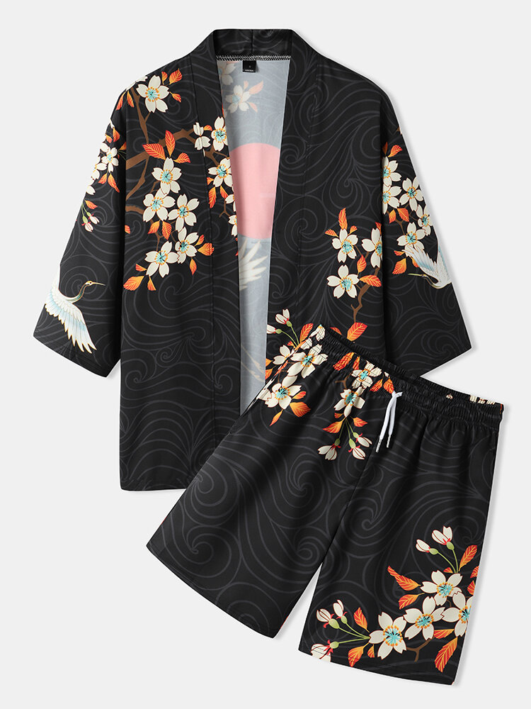 

Mens Kimono Floral Crane Print Open Front Two Pieces Outfits