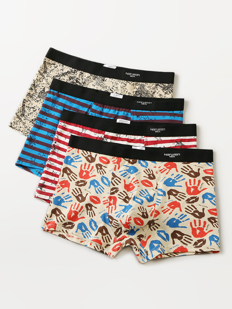 4-delige heren gestreepte palm print modale gezellige boxers ondergoed met zakje