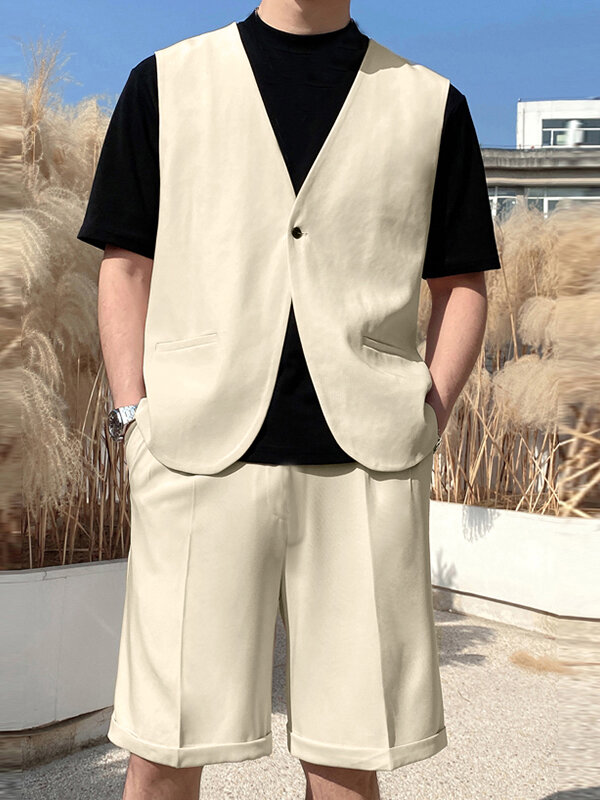 Mens Solid Color Button Pocket Sleeveless Casual Waistcoat Shorts Sets