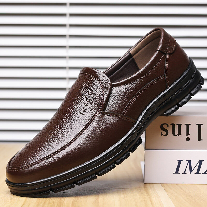 Men Cowhide Leather Breathable Soft Sole Comfy Slip On Casual Business Shoes