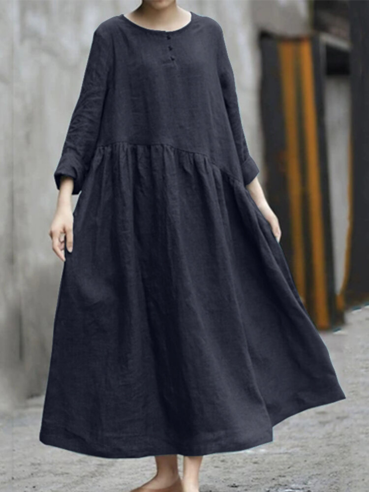 Women Solid O-Neck Irregular Front Buttons Casual Dress with Side Pockets