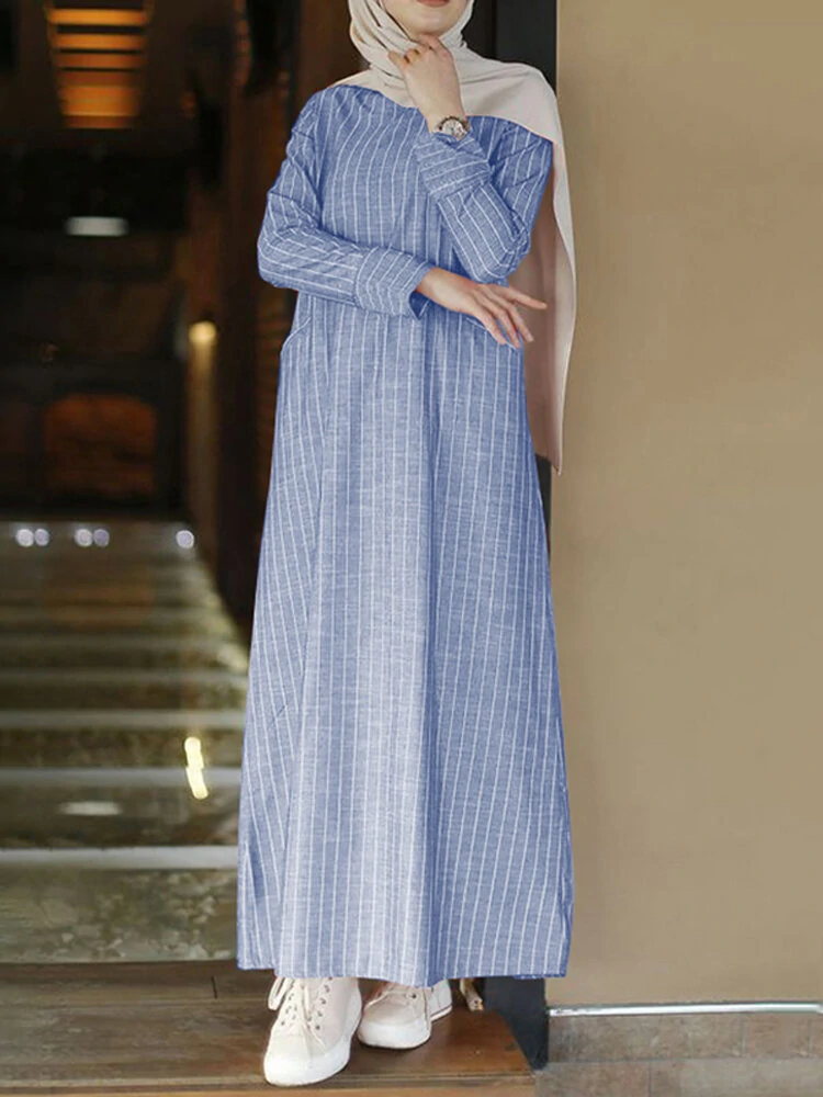 Women vertical stripe cotton long sleeve casual kaftan maxi dresses with pockets