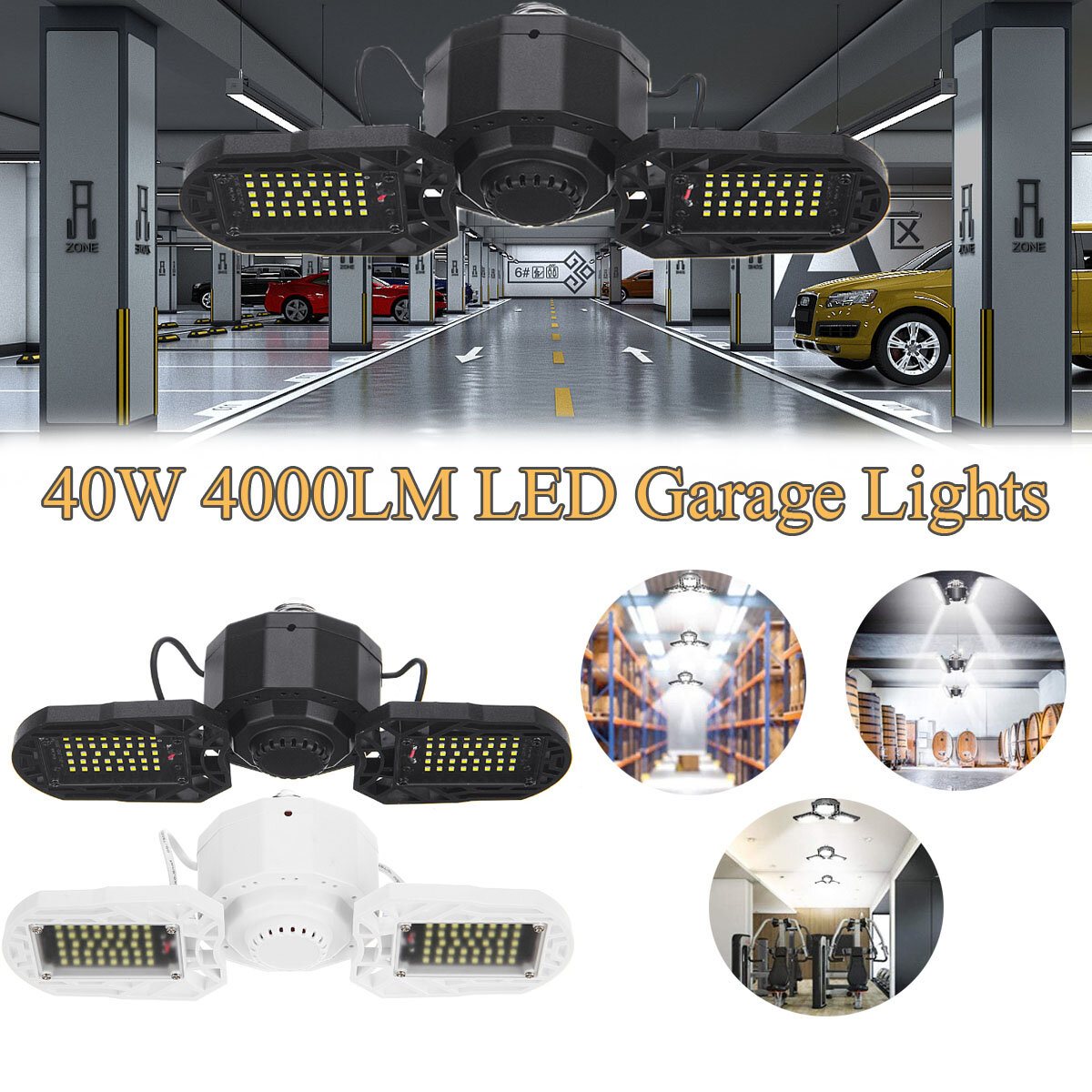 E27 40W 4000LM LED Garage Lights Deformable Garage Ceiling Light