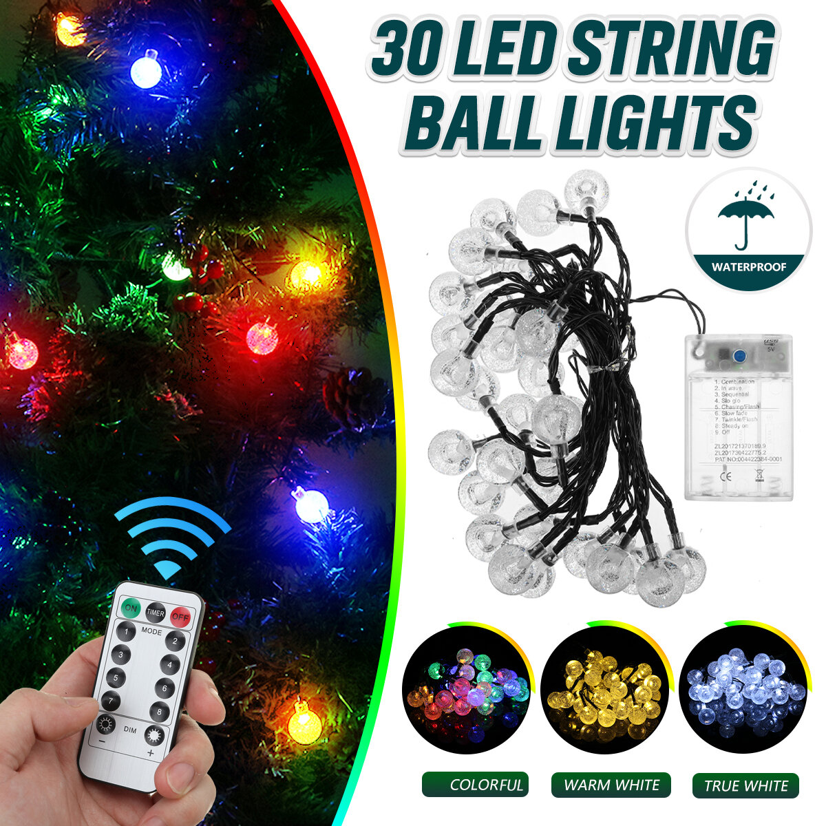 

6.5M 30LED Ball String Light Outdoor Christmas Garden Party Wedding Decor Waterproof+Remote Control
