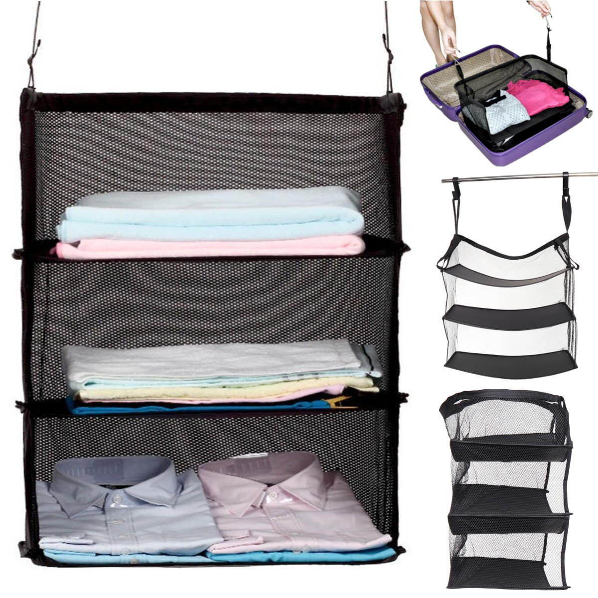 3 Layers Portable Travel Storage Baskets Bag Hook Hanging Nylon Mesh Bag Storage Organizer