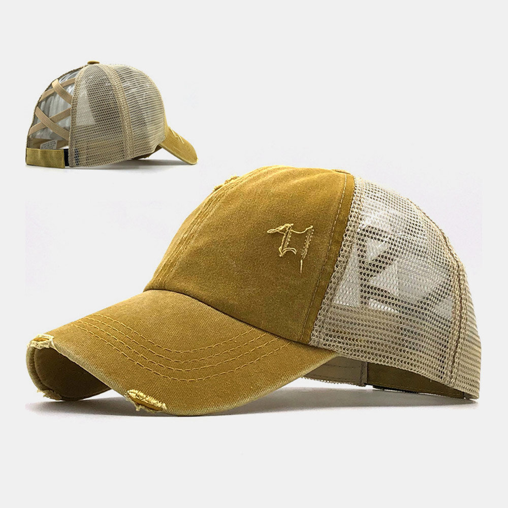 Unisex Camouflage Stretch Fit Cap Mesh Ademend Trucker Hat Cross Paardenstaart Baseball Cap
