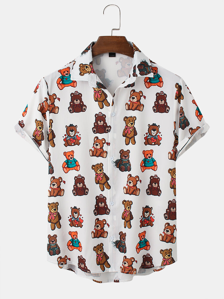 Mens Casual Full Doll Bear Print Lapel Short Sleeve Shirts