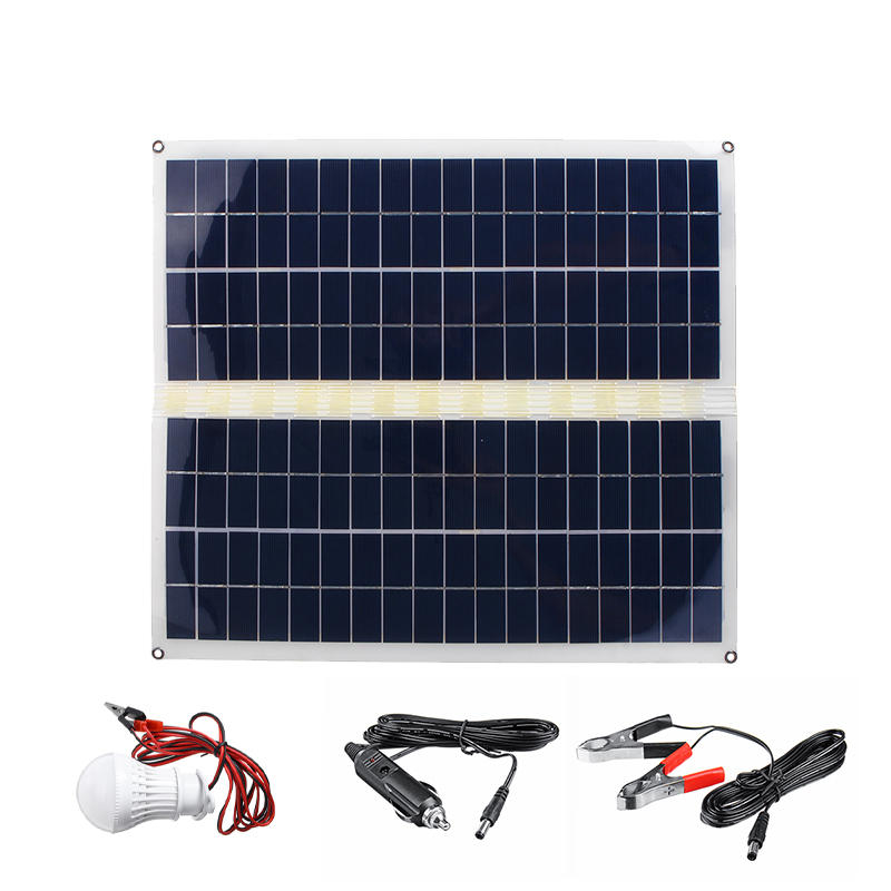 Panel solar plegable de 30W con doble USB y DC 12V/5V + cargador de coche + clip de cocodrilo + bombilla de luz para acampar
