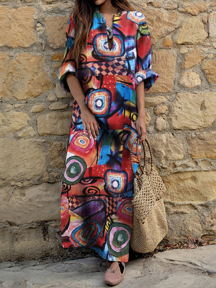 Vrouwen etnische abstracte print lange mouw Boheemse maxi-jurk