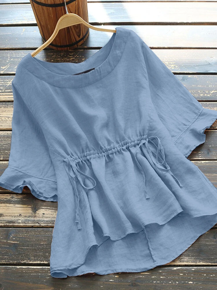Solid drawstring ruffle sleeve round neck casual cotton blouse
