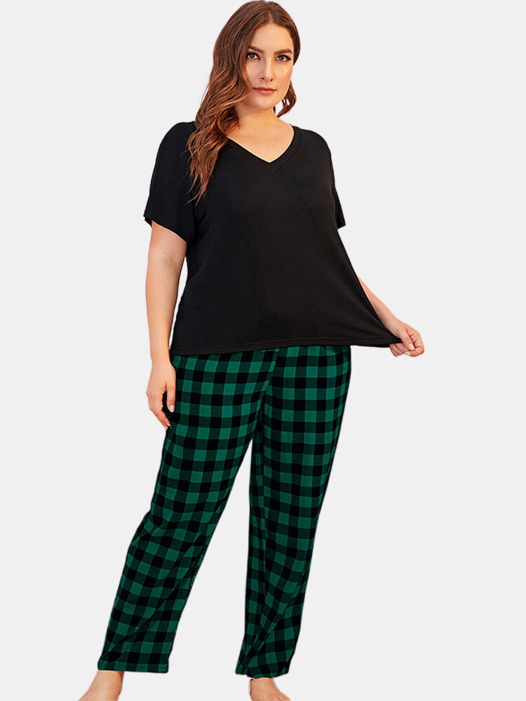 

Women Plus Size Loungewear Short Sleeve Tops With Striped Pants Casual Pajama Set