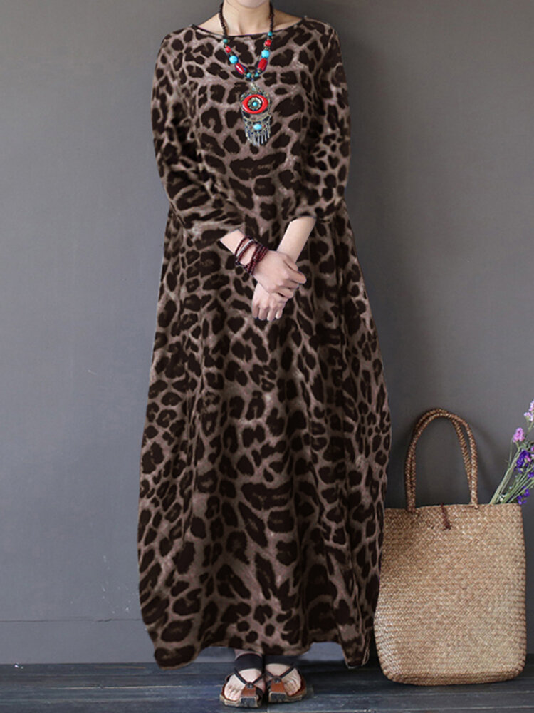 Dames Losse baggy maxi-jurk met ronde hals en luipaardprint