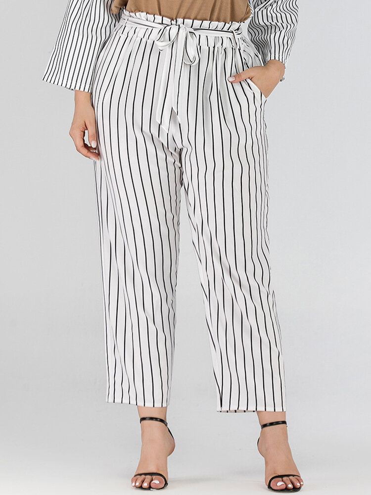 

Plus Size Women Vertical Stripe Paperbag Waist Belted Plain Pants