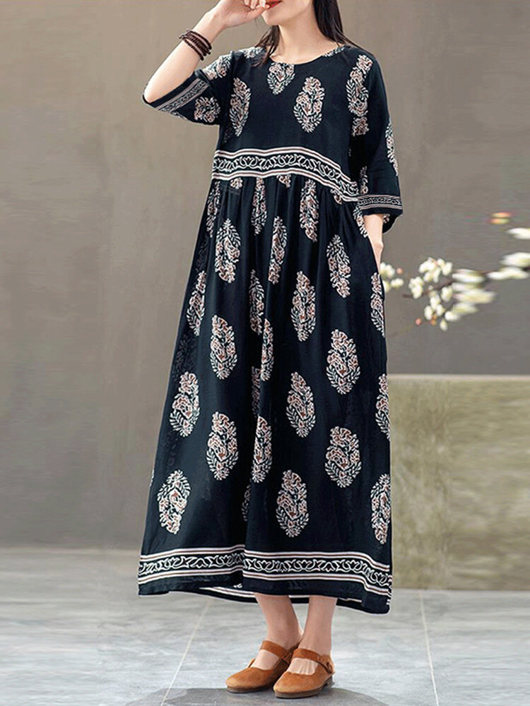 Women Leaves Print Vintage O-Neck Bohemian Loose Casual Maxi Dress With Pocket
