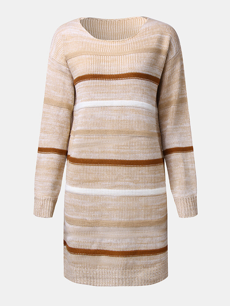 Women Striped Knitting Round Neck Long Sleeve Loose Sweater Dresses