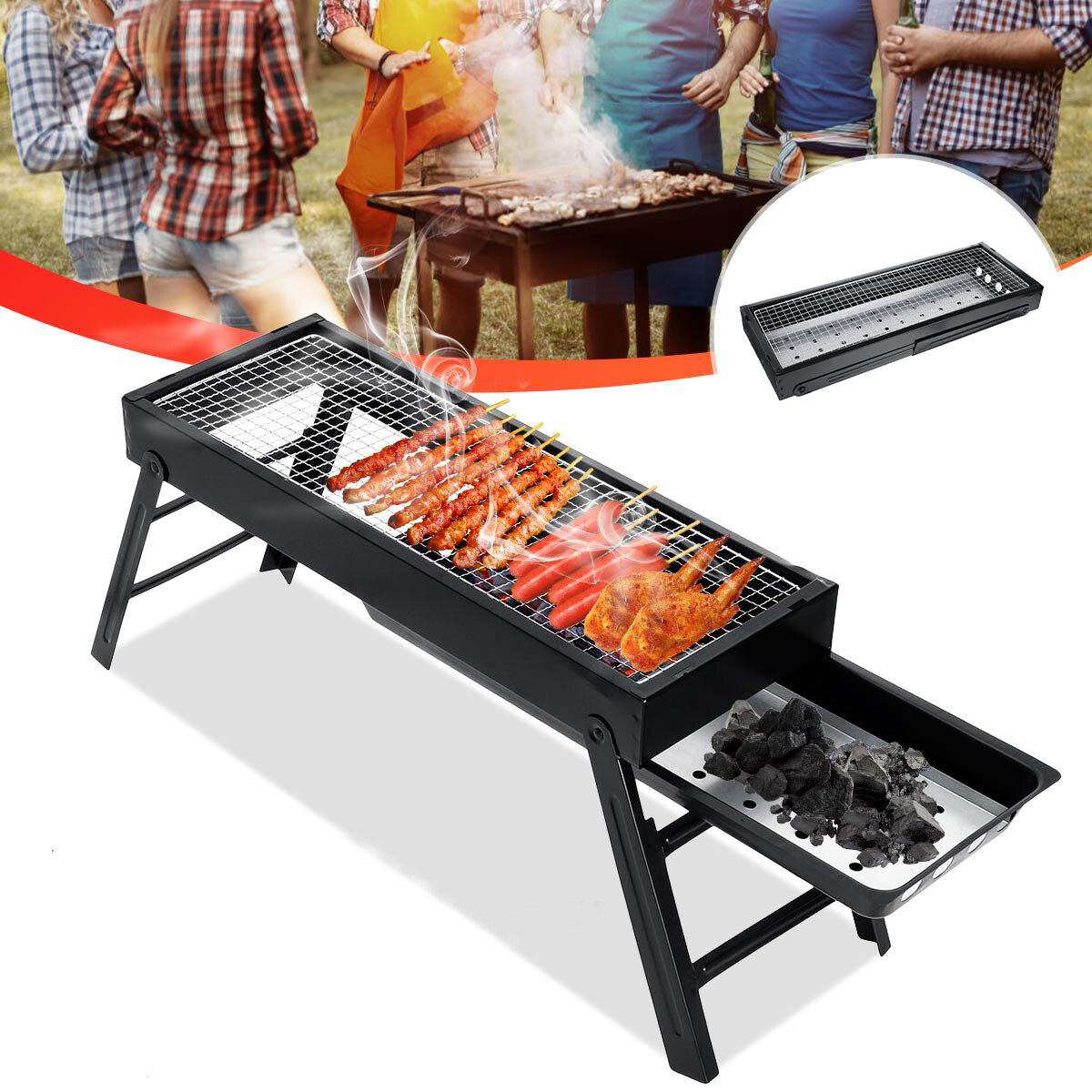 0x23x33cm Eisenklappgrill für Terrassen-Barbecue, Holzkohlegrill, Outdoor-Camping-Picknick-Kochwerkzeuge