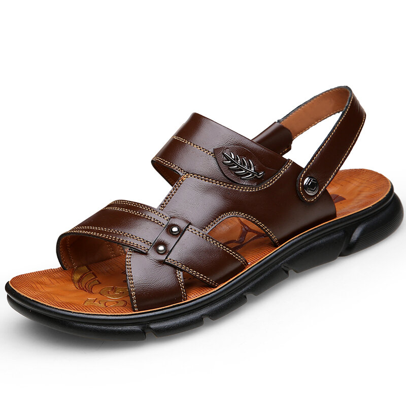 

Men Cowhide Breathable Soft Bottom Non Slip Two Ways Outdoor Casual Beach Sandals