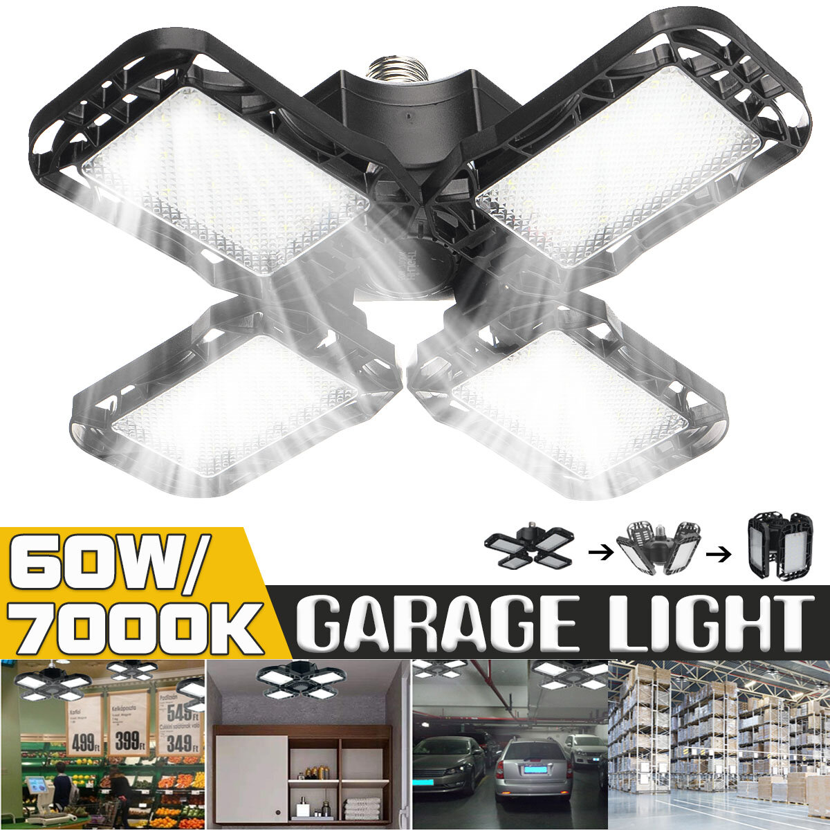 E27 60W LED Deformable Workshop Light Garage Ceiling Bulb Fixture Folding Lamp