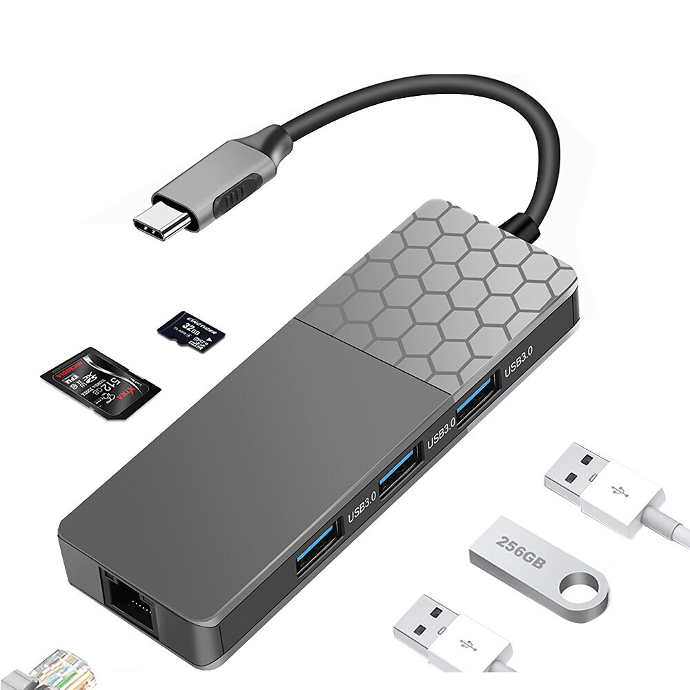 

Coolfish 6 in 1 Type-C to USB3.0 Hub Docking Station USB3.0 Rj45 Adapter TF SD Card Reader USB Splitter Extender YC730
