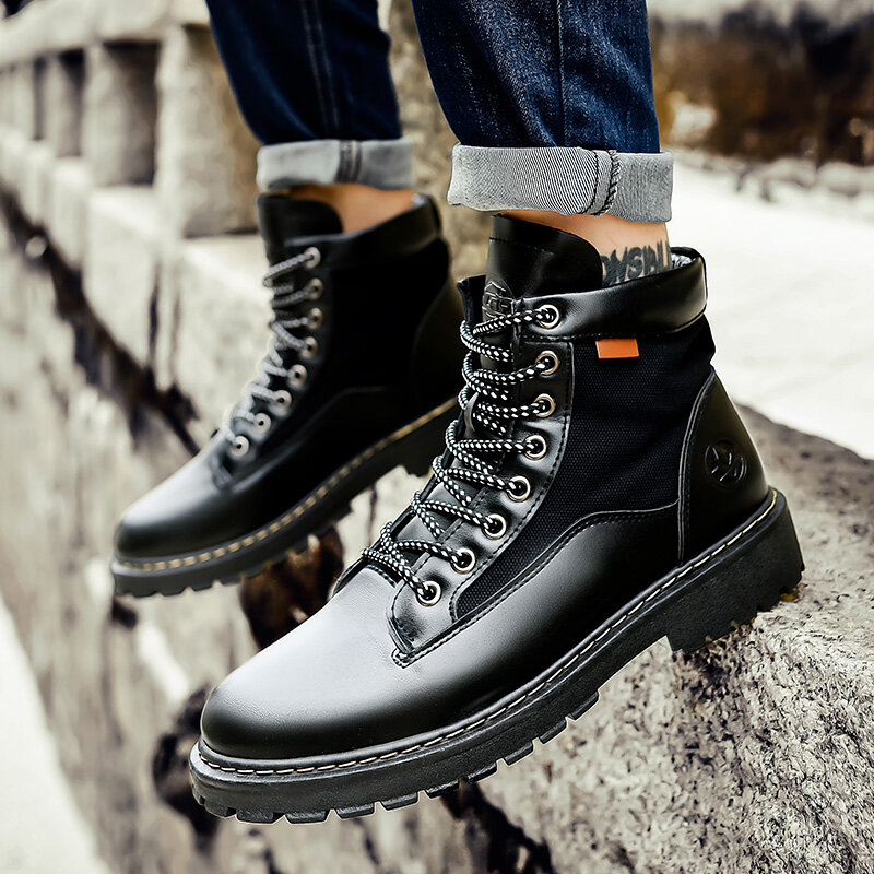 

Men PU Leather Round Head Thick-sole Plus Velvet Non-slip Wear Resistant Sport Martin Boots Tooling Boots