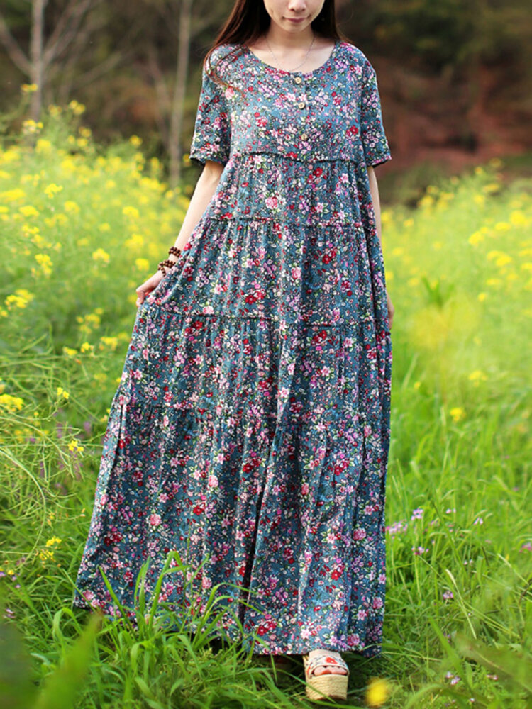 Dames Vintage Ditsy bloemenprint Halve knoop maxi-jurken met korte mouwen