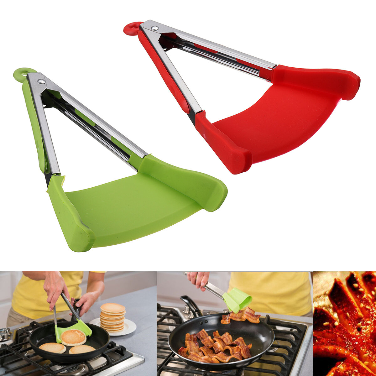 2 en 1 antiadhésif pinces intelligentes résistant à la chaleur spatule en silicone cuisson clip alimentaire camping pique-nique barbecue