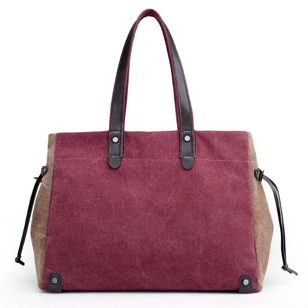 Women quality canvas casual large capacity color block tote bag handbag