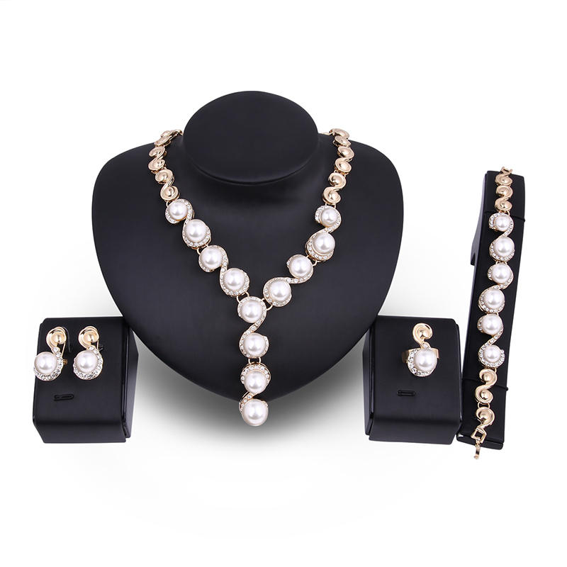 18K Gold Plated Necklace Pearl Earrings Ring Rhinestone Wedding Party Jewelry Set...