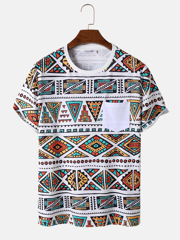 Heren Colorful geometrische print borstzak etnische T-shirts met korte mouwen