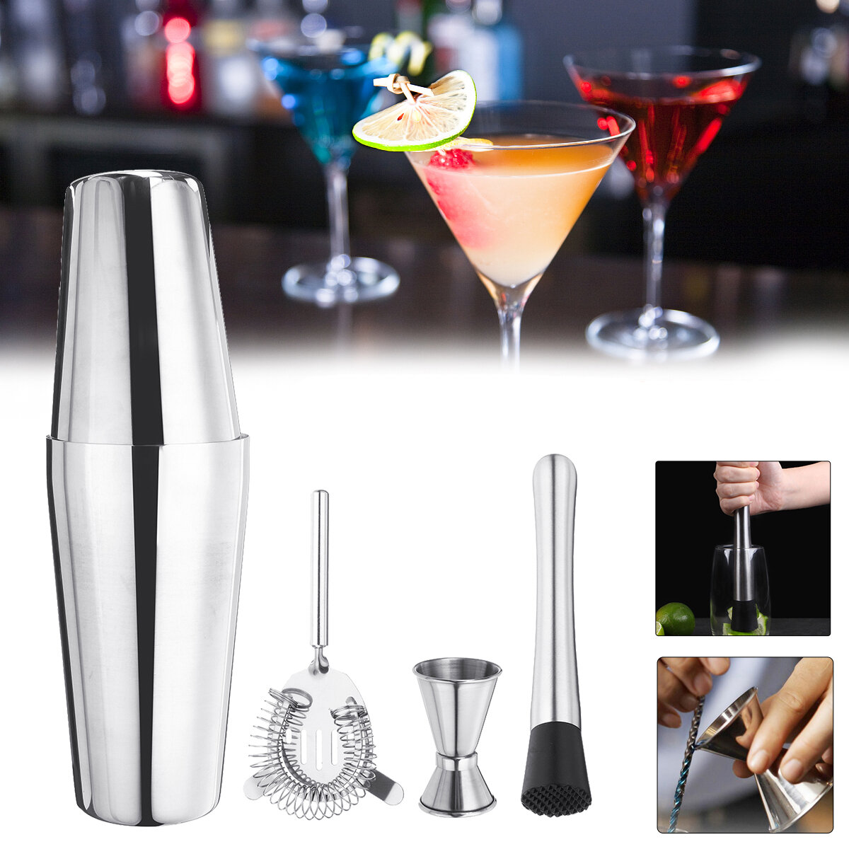 

4PCS Stainless Steel Cocktail Shaker Mixer Drink Bartender Martini Tools Bar Set Kit