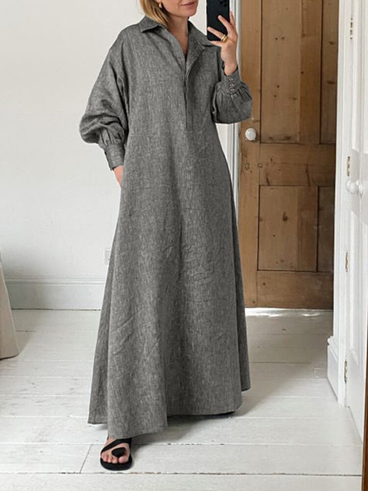 Women Lapel Concealed Button Placket Casual Long Sleeve Maxi Dresses With Pocket