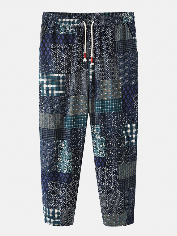 

Banggood Дизайн 100% хлопок мужские Trinbal принт в стиле пэчворк карман шнурок этнический Брюки