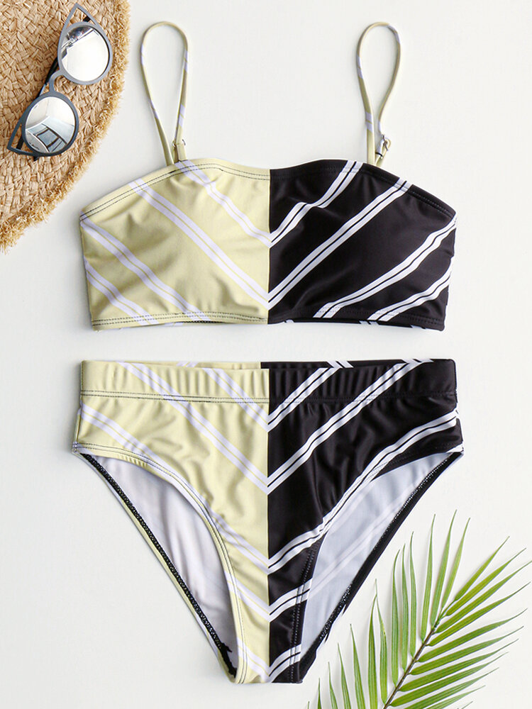 Image of Frauen Chevron Solid Color Patchwork Bikini Beach Badeanzug mit hoher Taille
