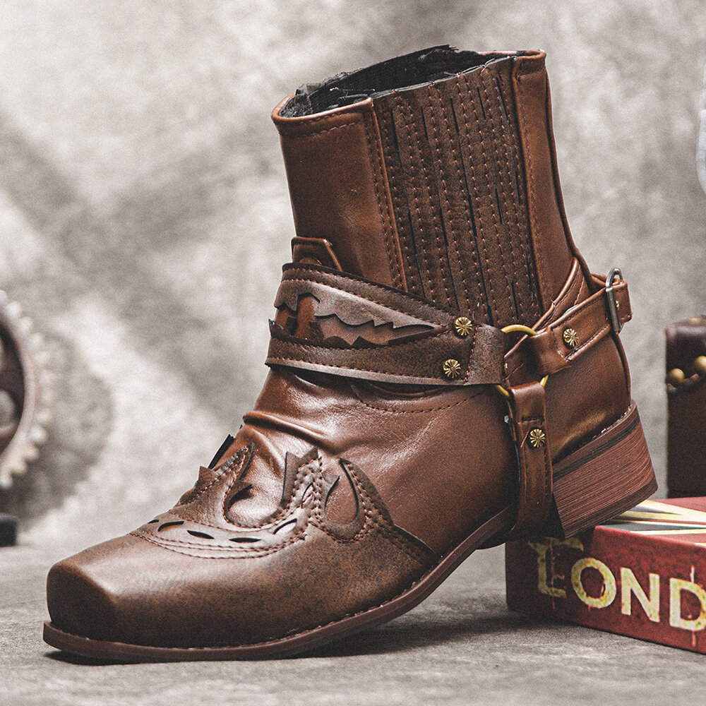 Men Leather Comfy Soft Sole Retro Roman Square Toe Slip On Casual Knight Boots