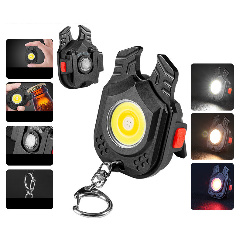 MINI LED Keychain Light Portátil Tipo-c Recarregável Lanterna de acampamento Poderosa COB Torch Com Gancho Magnético, Abridor de Garrafas e Luz de Trabalho À Prova D'Água.