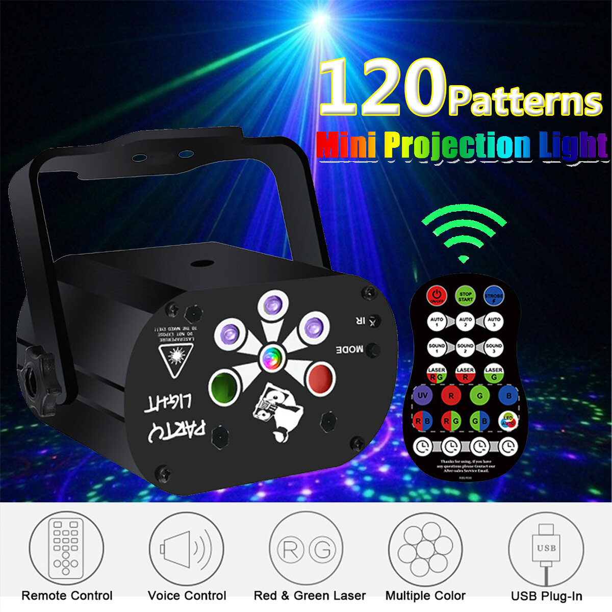 

Sound Activated 120 Patterns Projector LED RGB+UV Laser Stage Light DJ Disco KTV Party with Remote Control Christmas Dec