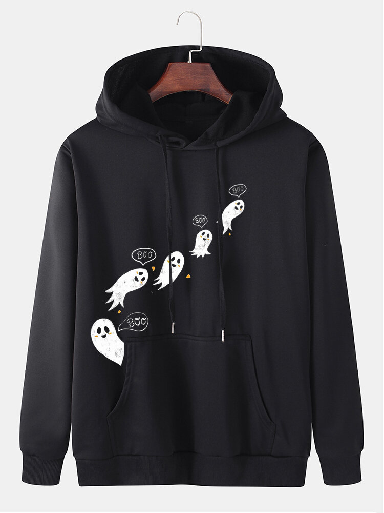 Heren Cartoon Ghost Print Grappige hoodies met trekkoord en buidelzak
