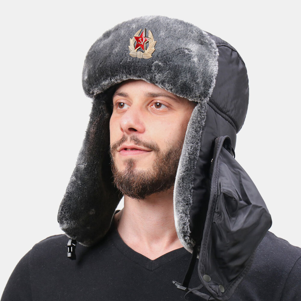 Men Solid Soviet Badge Windproof Trapper Hat Outdoor Thicken Ear Protection Warm Russian Hat Ushanka