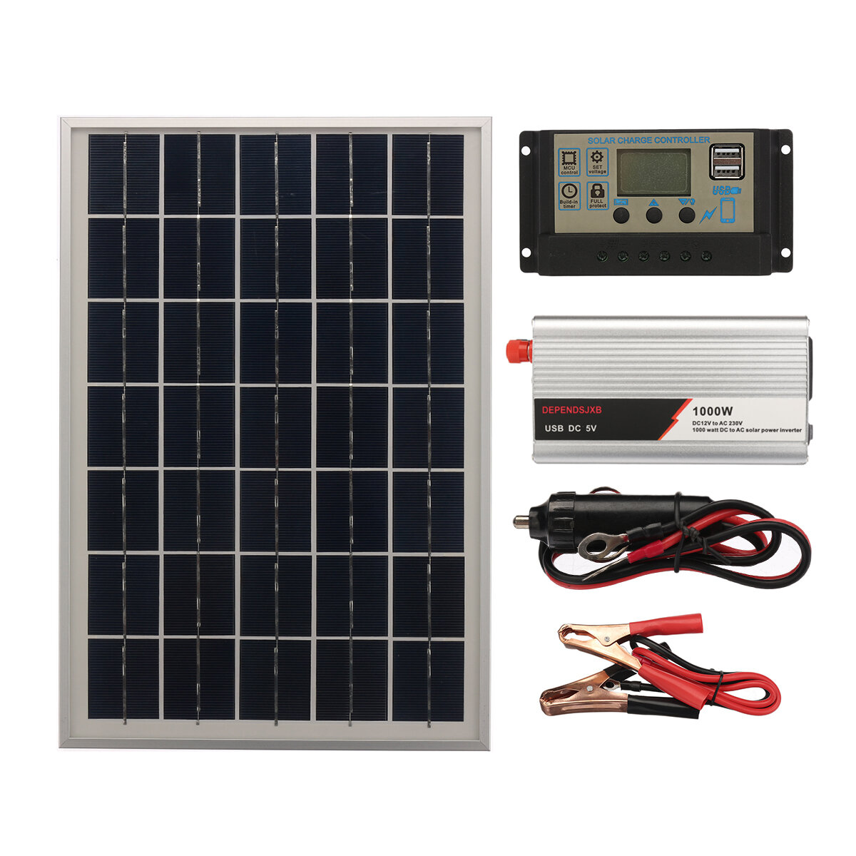 

12V/24V DIY Solar System Kit LCD Solar Charge Controller 18V 20W Solar Panel 1000W Solar Inverter Solar Power Generation