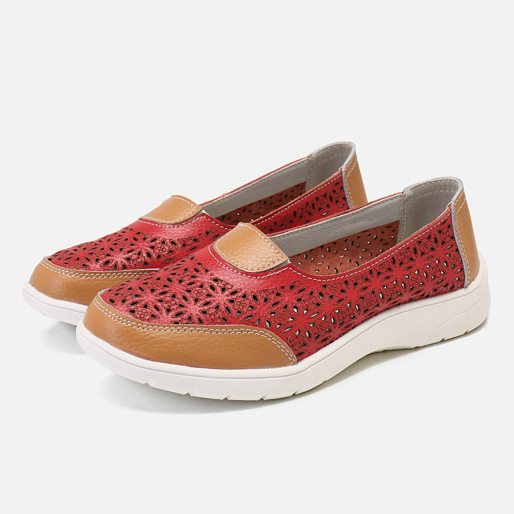 Women Hollow Leather Slip On Solid color Soft Sole Flats