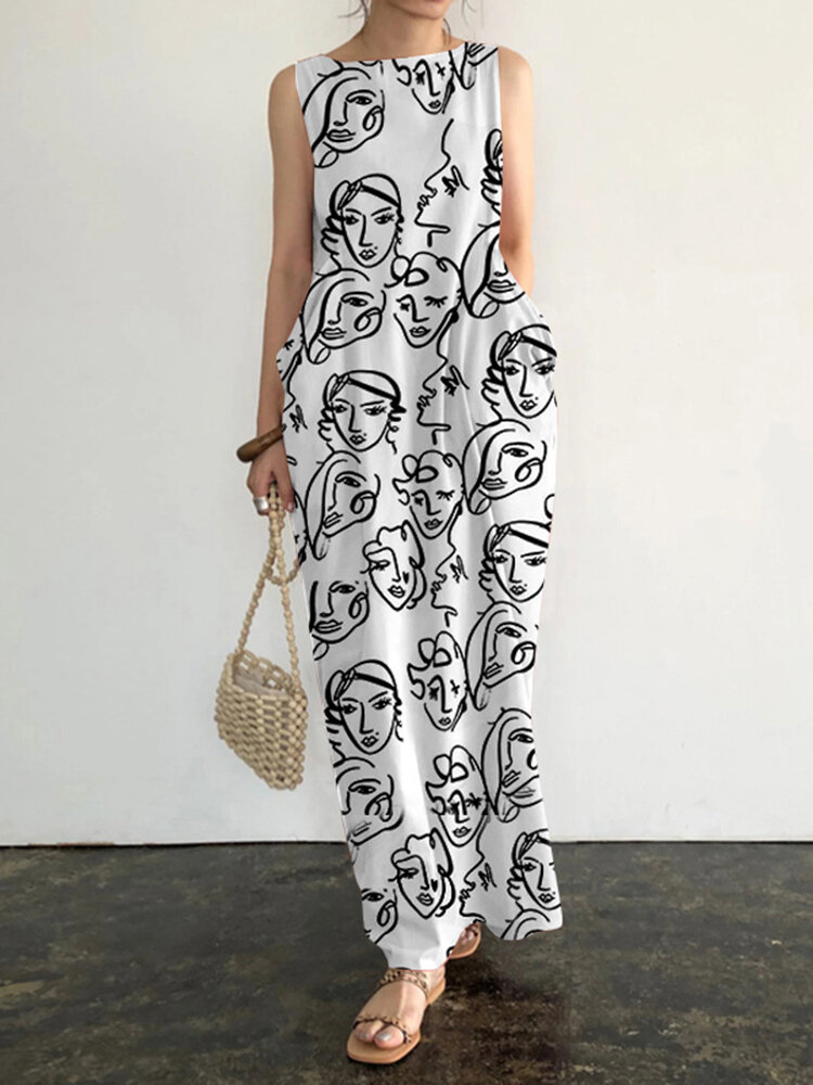 Mouwloze maxi-jurk met zak met ronde hals en patroon