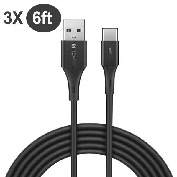 

[3 Pack] BlitzWolf BW-TC15 3A QC3.0 Quick Charge USB Type-C Cable Fast Charging Data Sync Transfer Cord Line 6ft/1.8m Fo