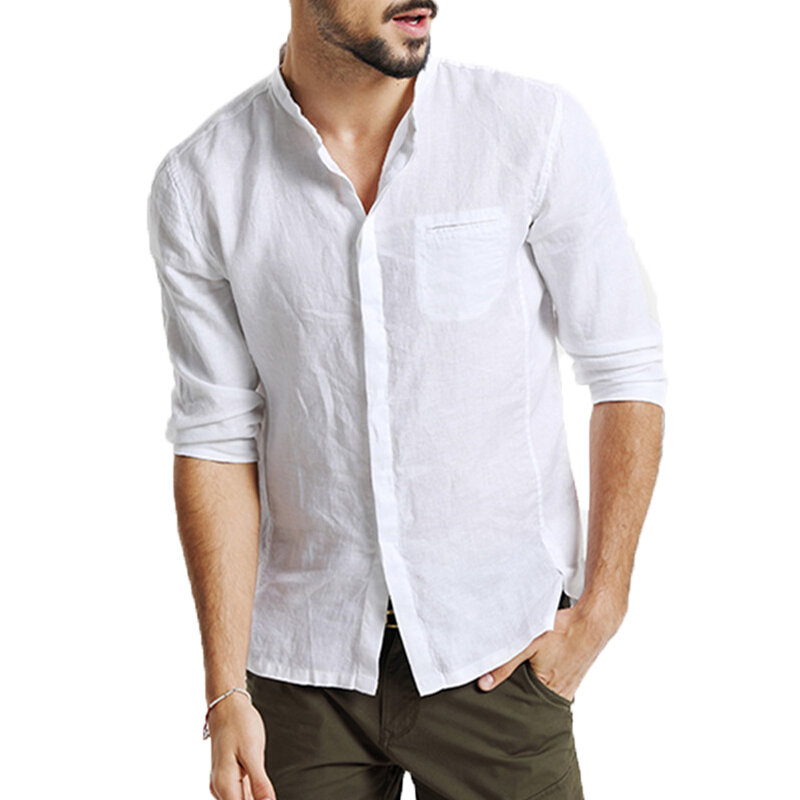 mens cotton 3/4 sleeve missing buttons band collar shirts at Banggood