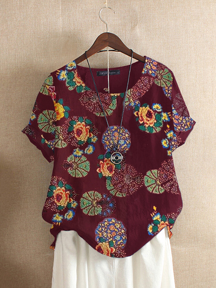 Floral Print O-neck Short Sleeved Summer T-shirts For Women
