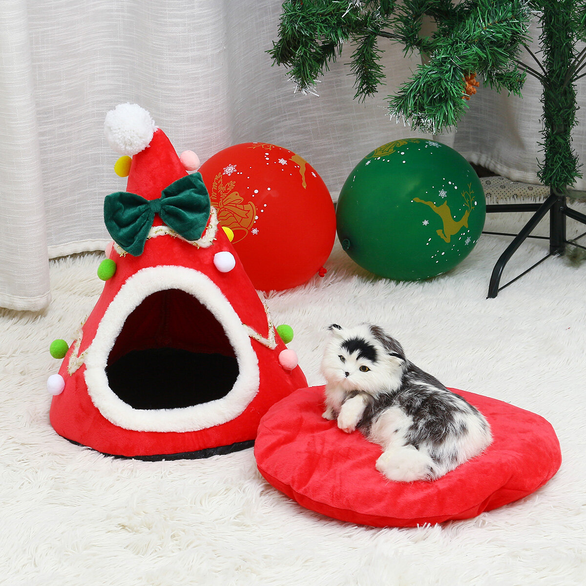 猫ペット犬クリスマスツリーの形ベルベット暖かい家洞窟のベッド屋内猫居心地の良いウールイグルーペットハウス
