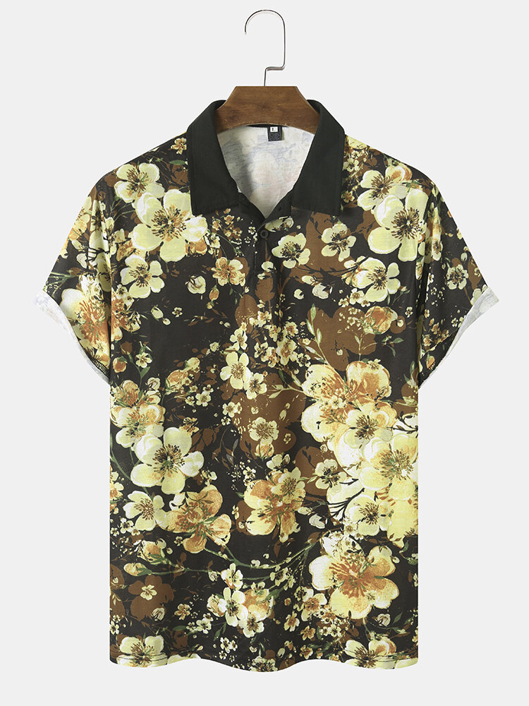 Men Retro Style Allover Floral Graphic Buttons Short Sleeve Work Polos Shirts