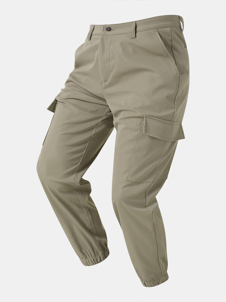 

Men Solid Elastic Cuff Pockets Zipper Fly Overalls