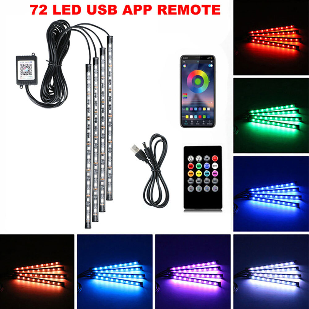 

72LED Car Interior Ambient Foot Strip Light Backlight Remote with App Music Remote Control RGB Decorative Lamps